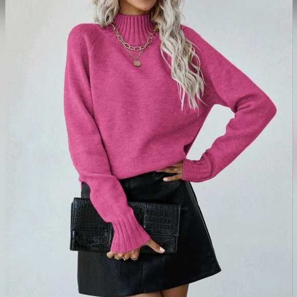 New Ribbed High Low Mock Neck Knit Sweater Top Bright Pink - Picture 5 of 9